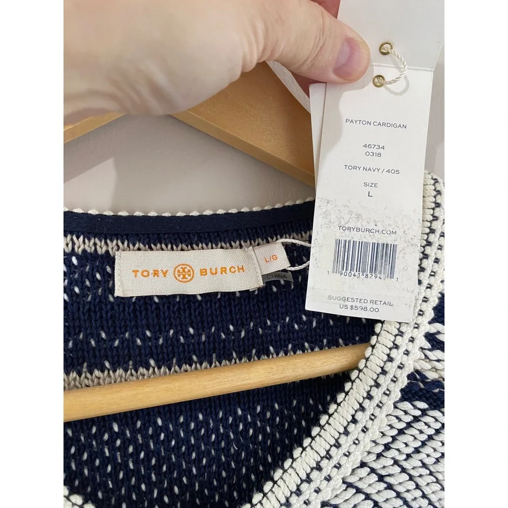 Tory Burch Payton Fringe Cardigan Navy Blue Ivory Stripe Blazer NWT Large $598